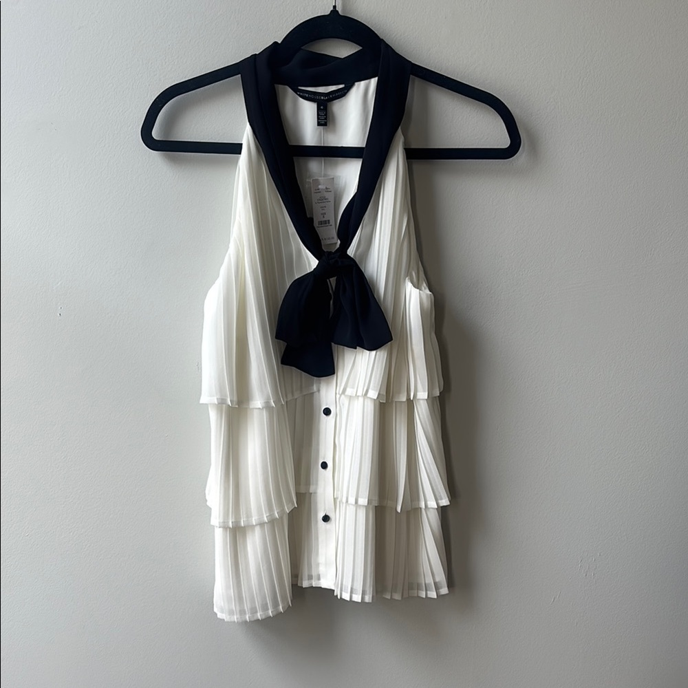 White House Black Market Black and White Pleated Tie-Neck Tank